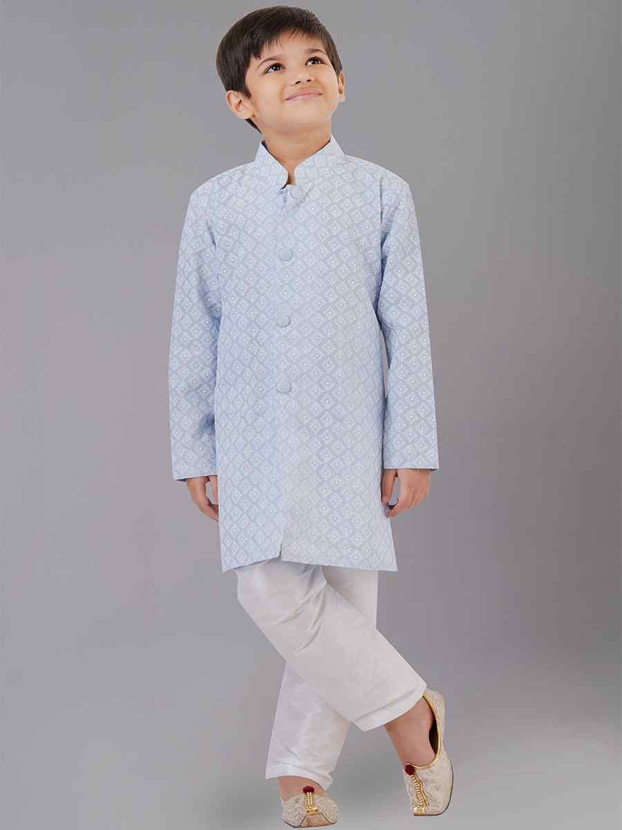 Sky Blue Cotton Silk Embroidered Festival Traditional Kurta Pyjama Boys Wear