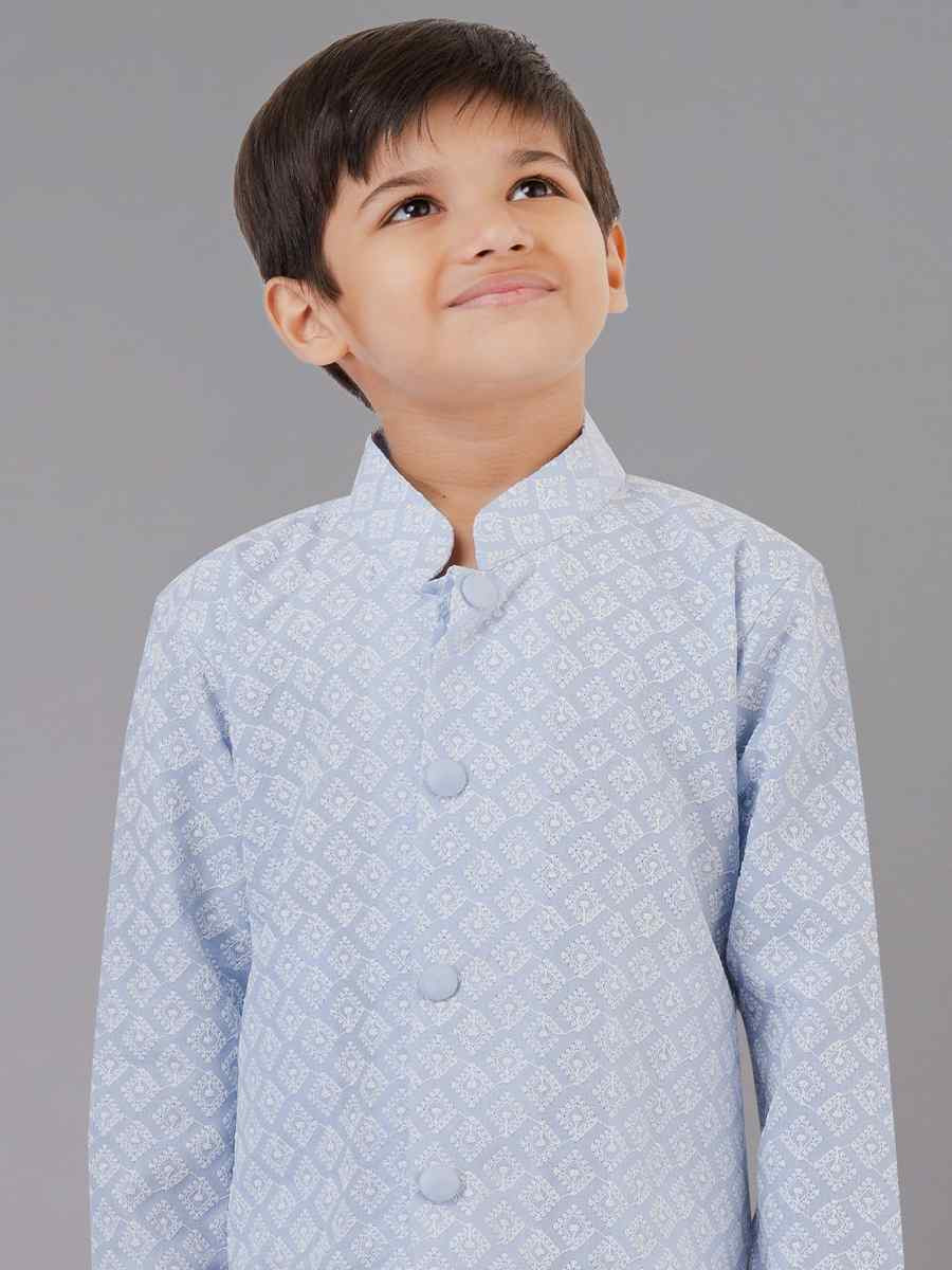 Sky Blue Cotton Silk Embroidered Festival Traditional Kurta Pyjama Boys Wear