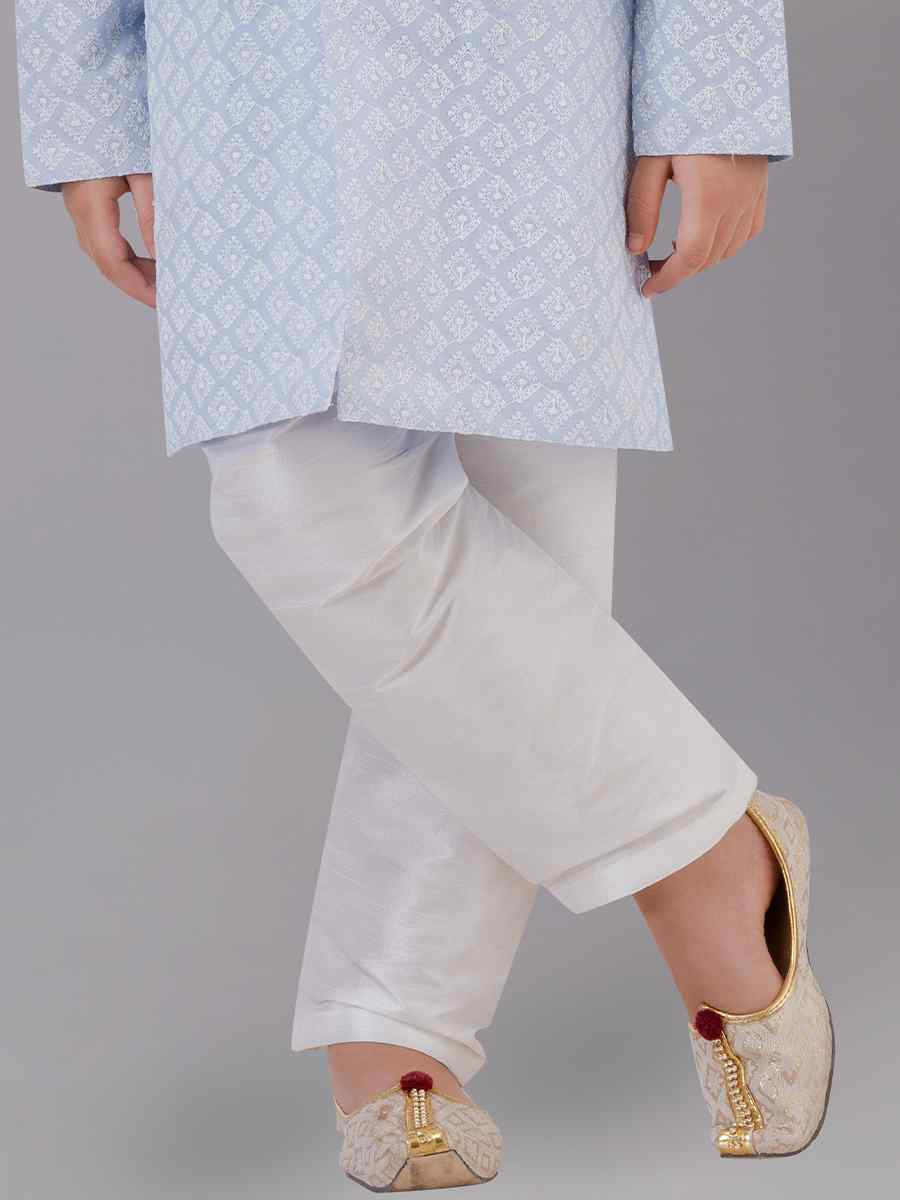 Sky Blue Cotton Silk Embroidered Festival Traditional Kurta Pyjama Boys Wear