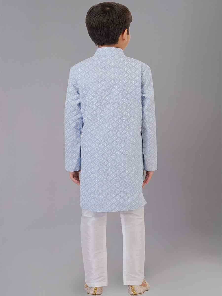 Sky Blue Cotton Silk Embroidered Festival Traditional Kurta Pyjama Boys Wear