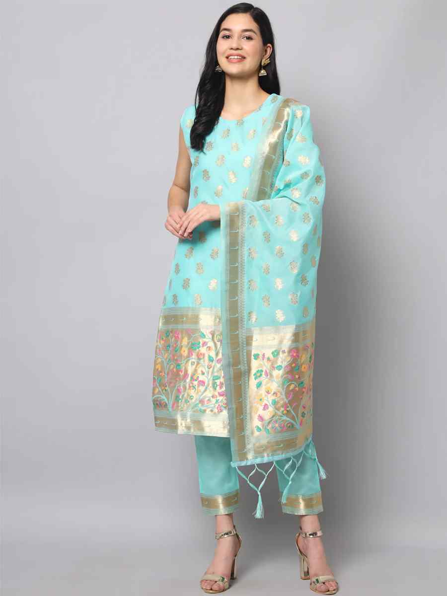 Sky Blue Cotton Silk Jacquard Handwoven Festival Mehendi Ready Pant Salwar Kameez