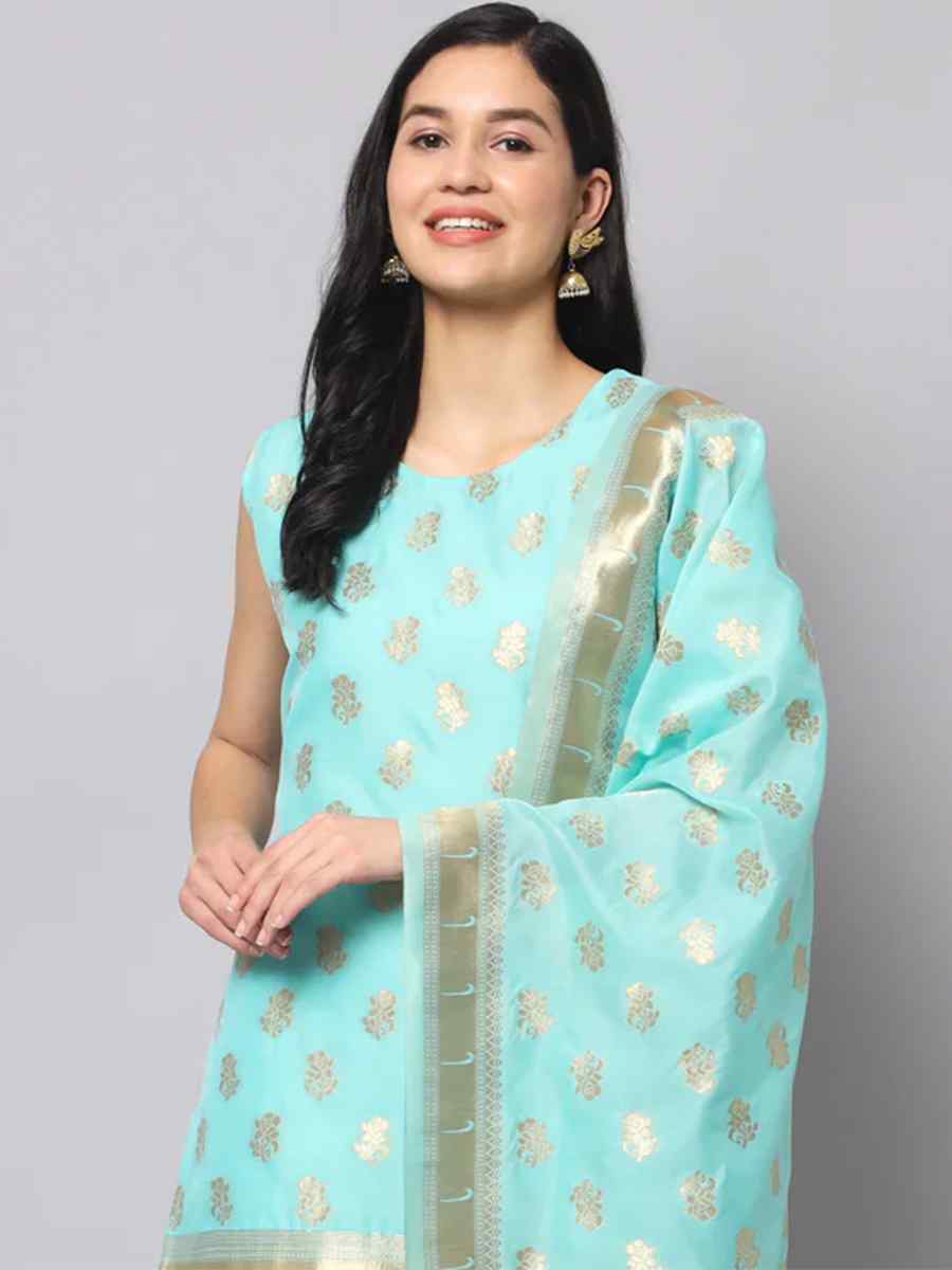 Sky Blue Cotton Silk Jacquard Handwoven Festival Mehendi Ready Pant Salwar Kameez