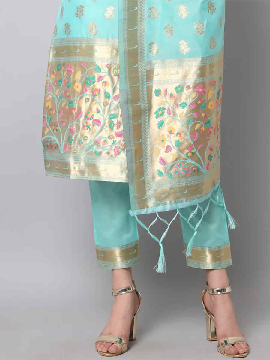 Sky Blue Cotton Silk Jacquard Handwoven Festival Mehendi Ready Pant Salwar Kameez