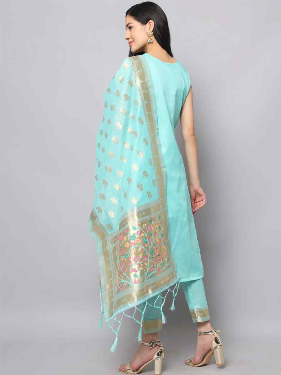 Sky Blue Cotton Silk Jacquard Handwoven Festival Mehendi Ready Pant Salwar Kameez