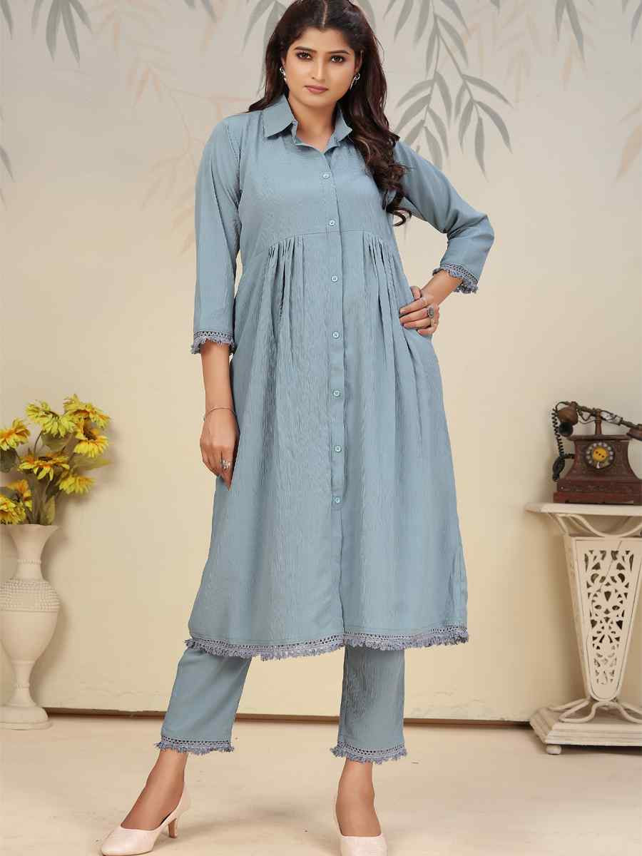 Sky Blue Cotton Solid Festival Casual Kurti