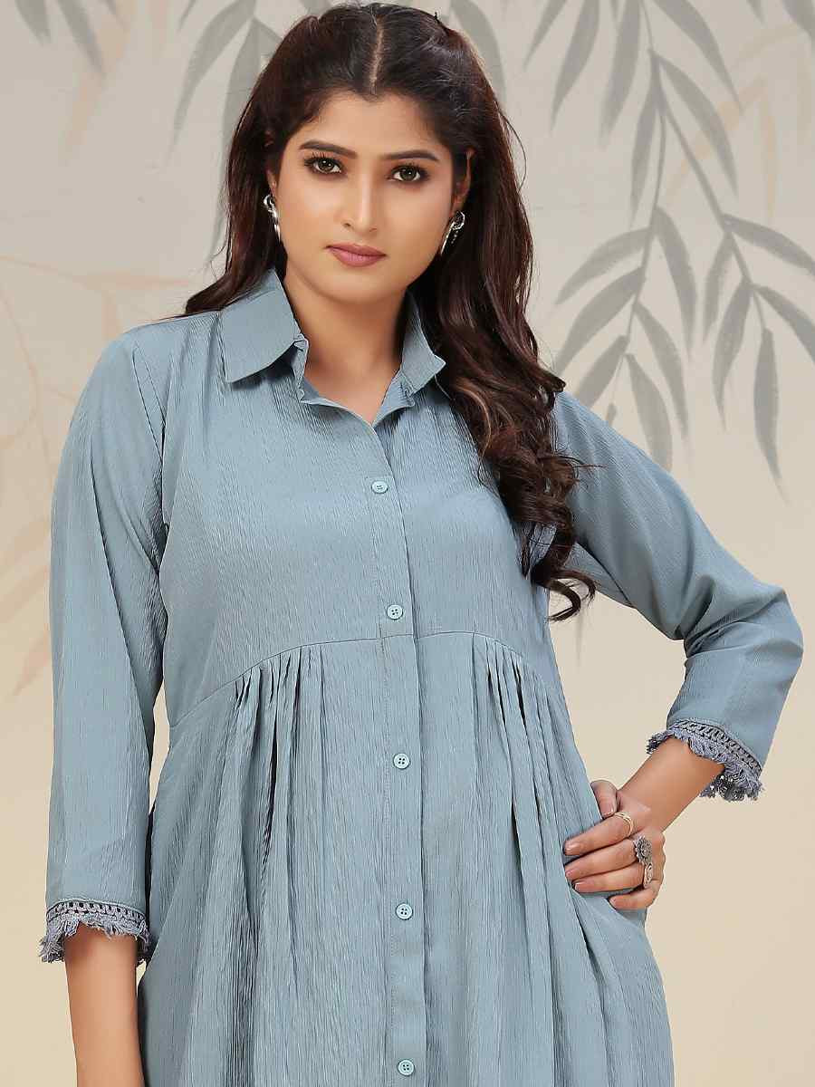 Sky Blue Cotton Solid Festival Casual Kurti