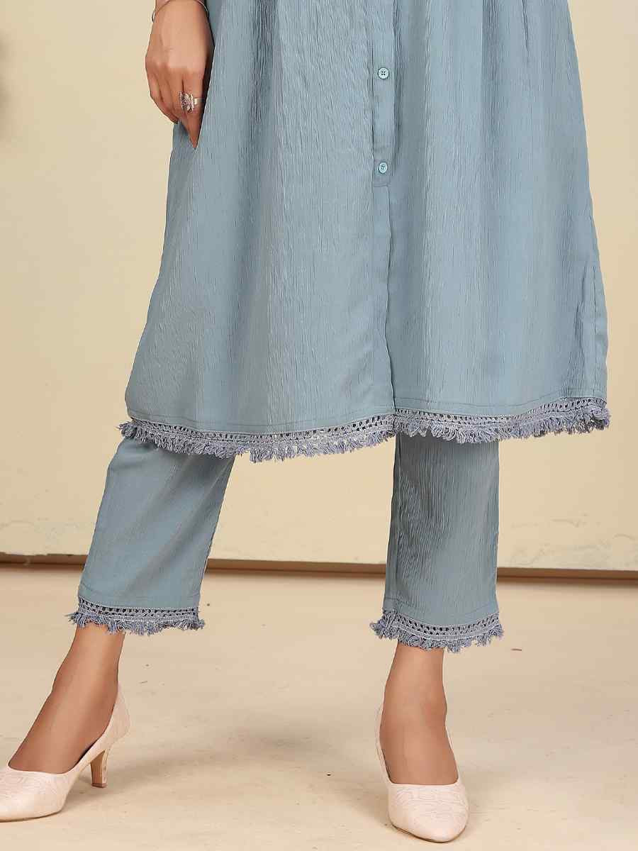 Sky Blue Cotton Solid Festival Casual Kurti