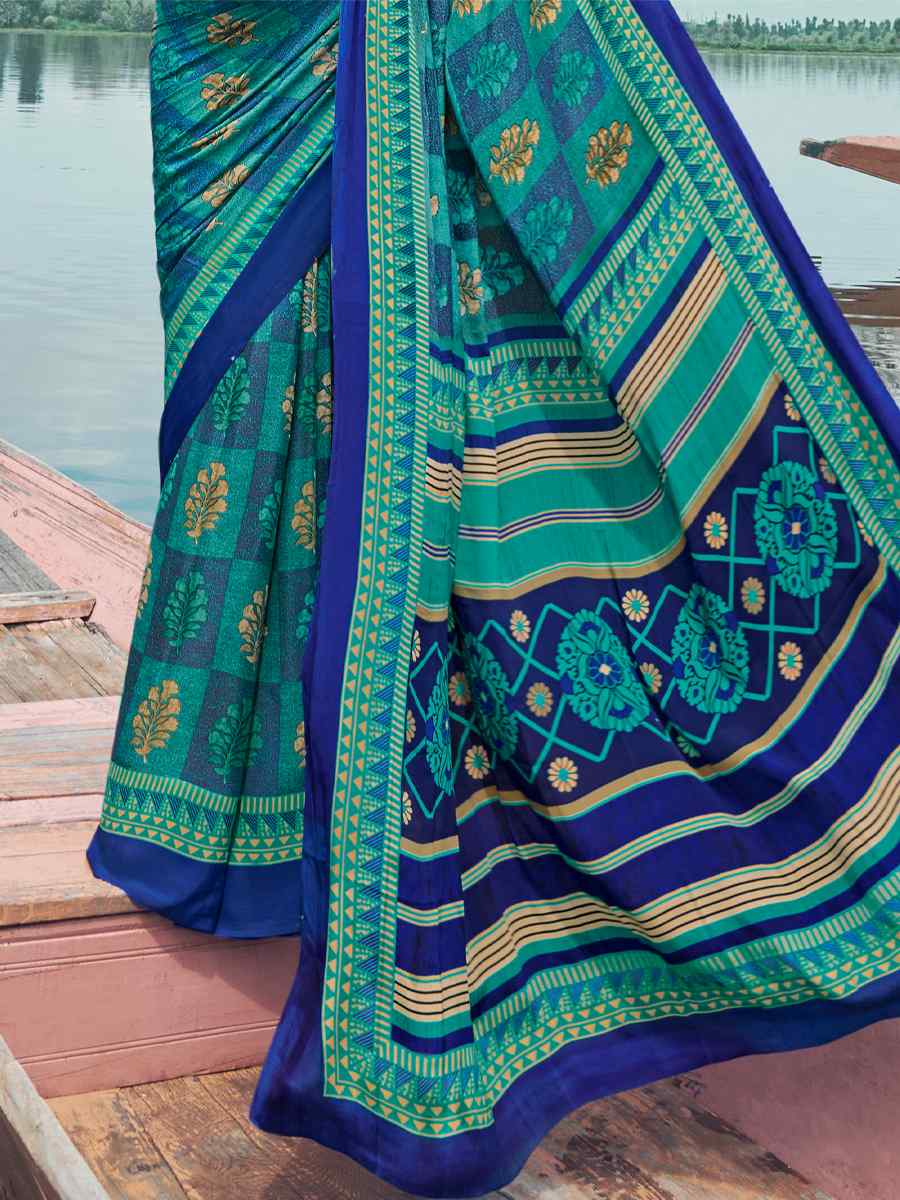Sky Blue Crepe Silk Printed Casual Festival Contemporary Saree