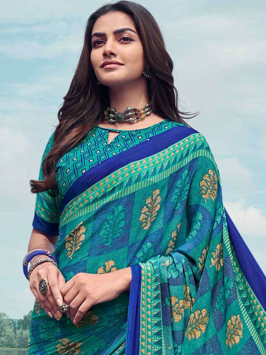 Sky Blue Crepe Silk Printed Casual Festival Contemporary Saree