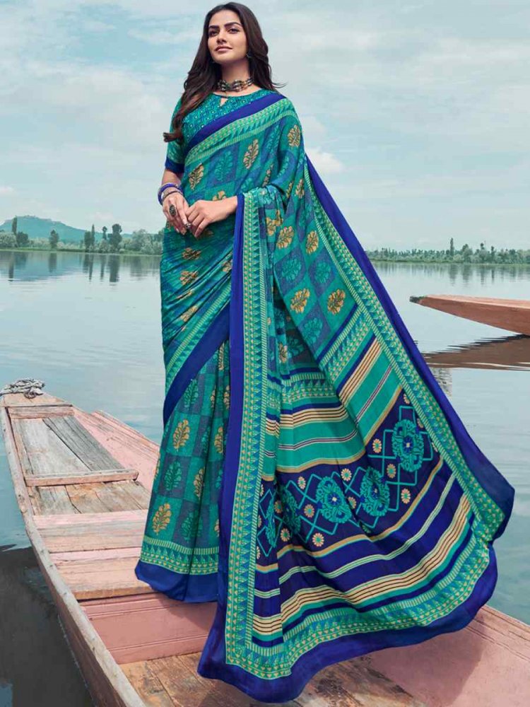 Sky Blue Crepe Silk Printed Casual Festival Contemporary Saree