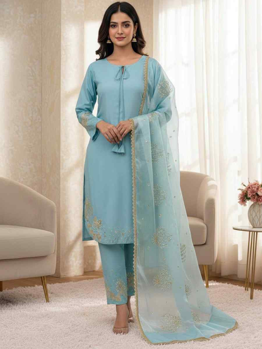 Sky Blue Crunchy Silk Plain with Embroidery Party Wedding Festival Casual Ready Pant Salwar Kameez