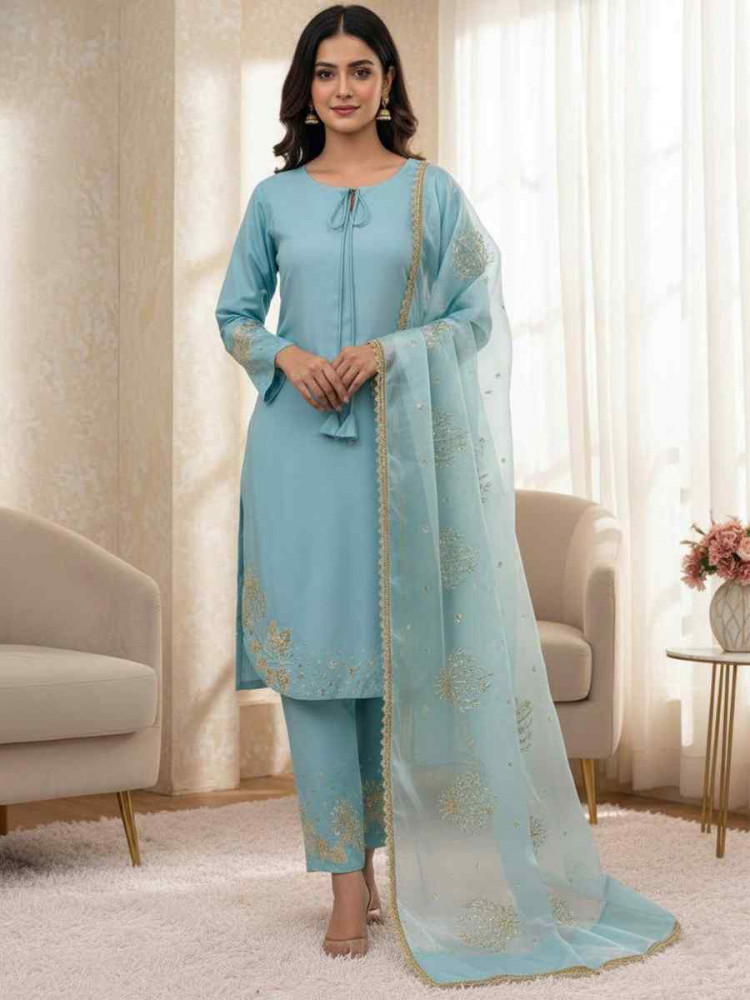 Image of Sky Blue Crunchy Silk Plain with Embroidery Party Wedding Festival Casual Ready Pant Salwar Kameez