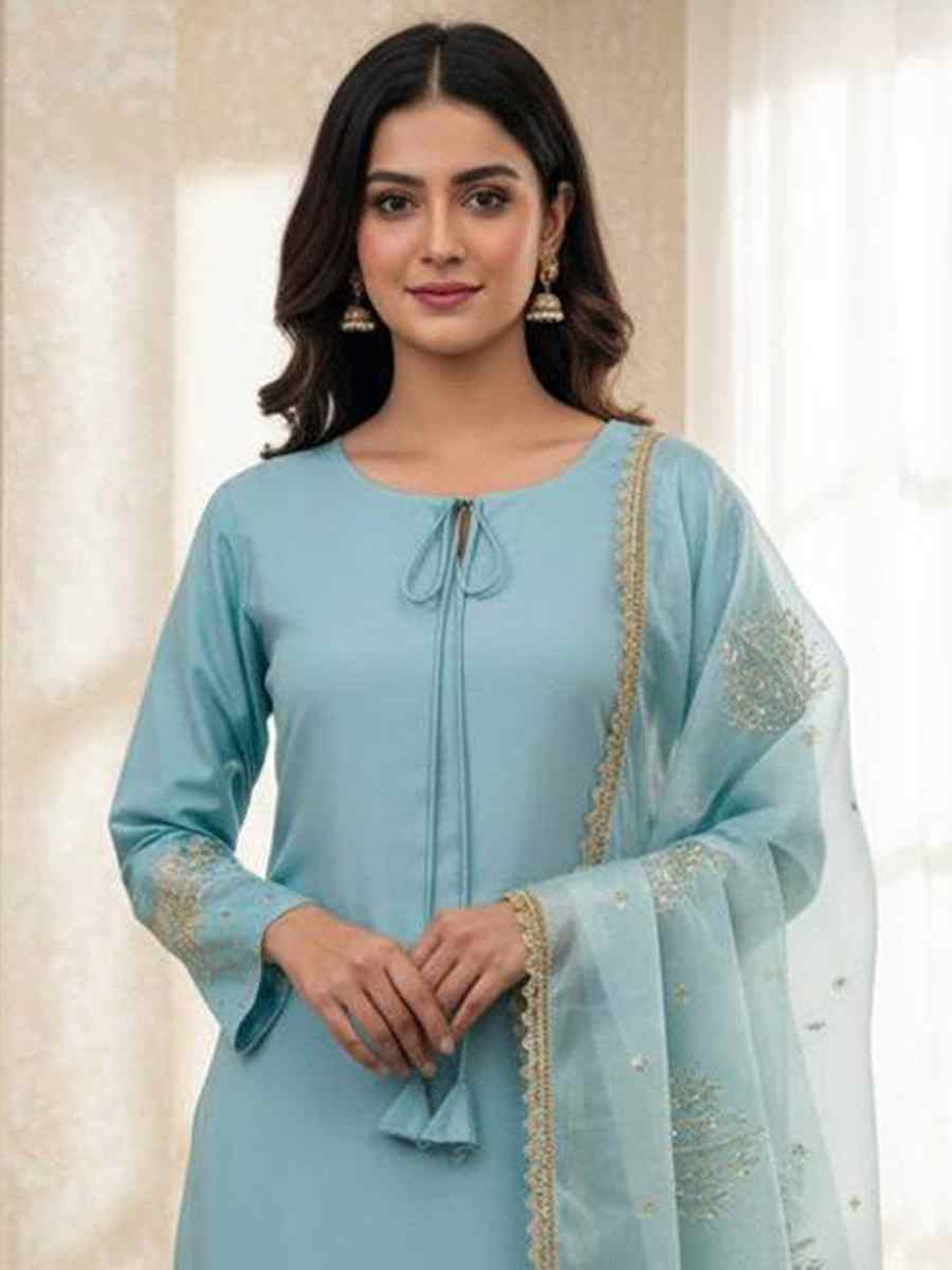 Sky Blue Crunchy Silk Plain with Embroidery Party Wedding Festival Casual Ready Pant Salwar Kameez