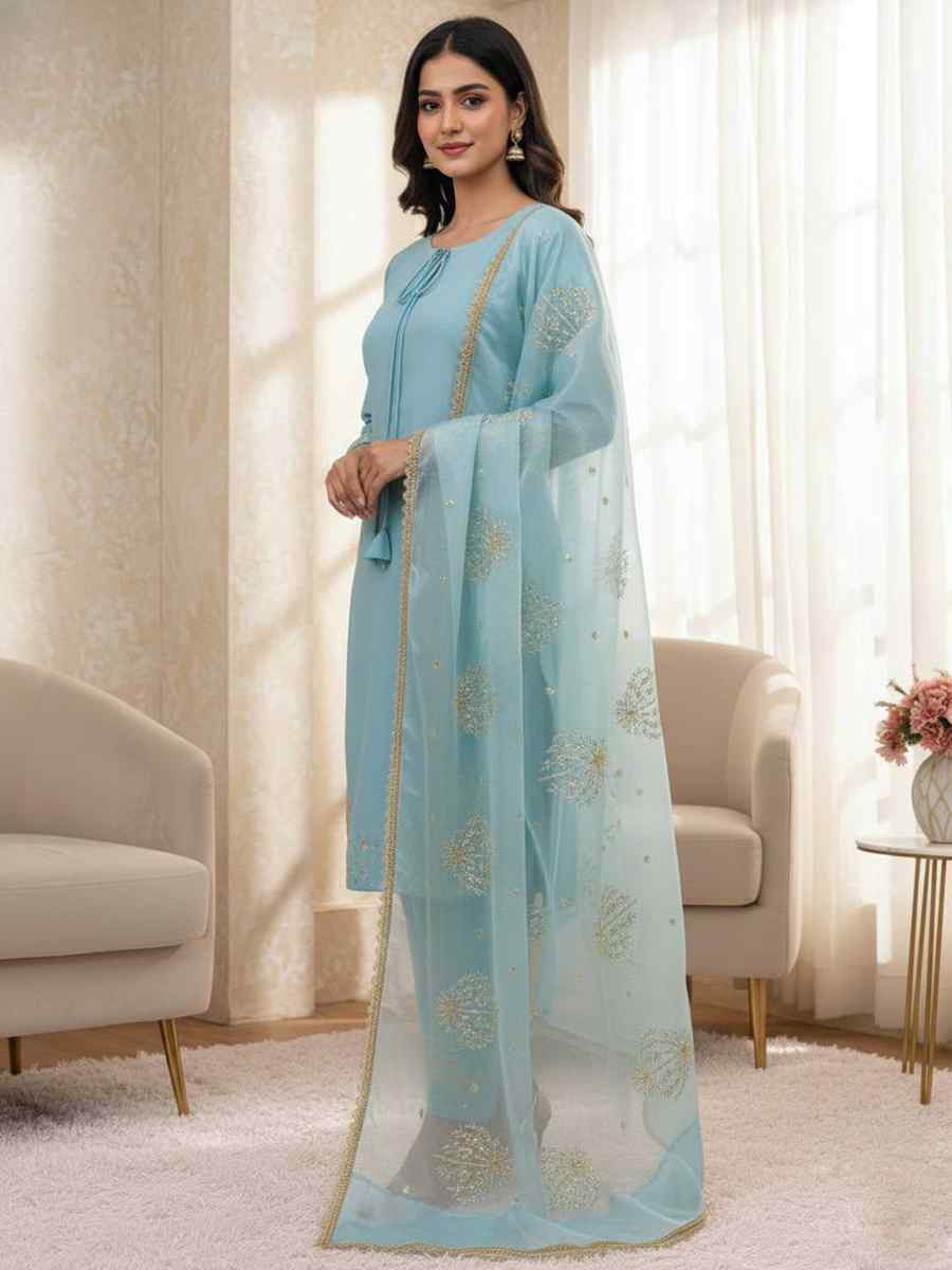 Sky Blue Crunchy Silk Plain with Embroidery Party Wedding Festival Casual Ready Pant Salwar Kameez