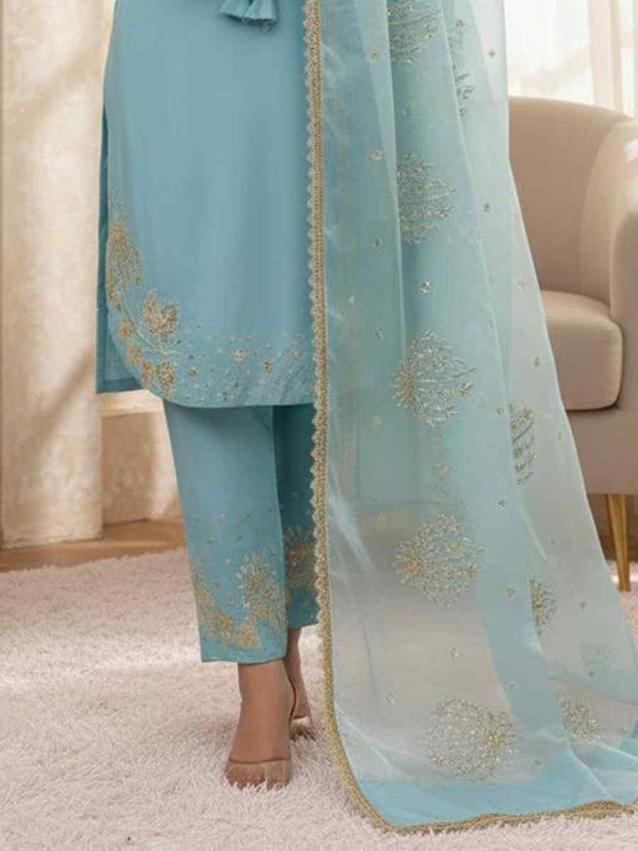 Sky Blue Crunchy Silk Plain with Embroidery Party Wedding Festival Casual Ready Pant Salwar Kameez