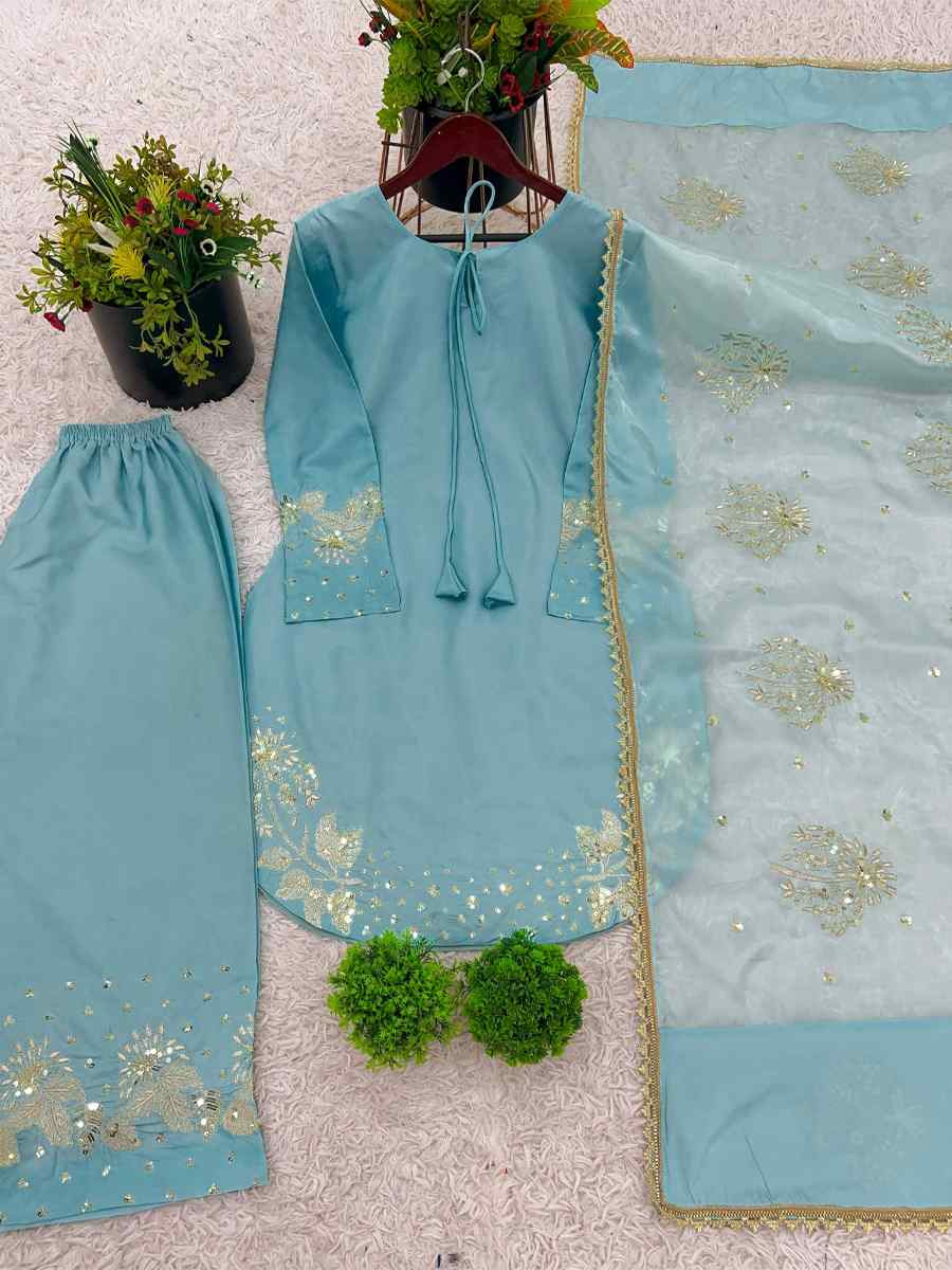 Sky Blue Crunchy Silk Plain with Embroidery Party Wedding Festival Casual Ready Pant Salwar Kameez