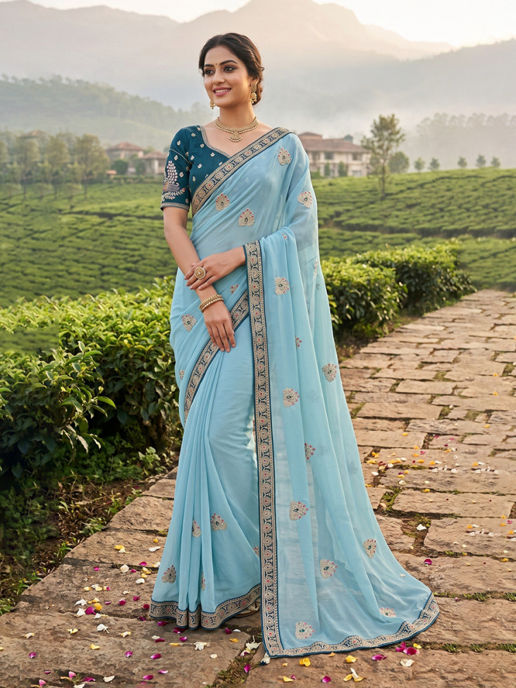 Image of Sky Blue Crush Rangoli Embroidery Sequins Wedding Reception Party Festival Casual Heavy Border Sarees