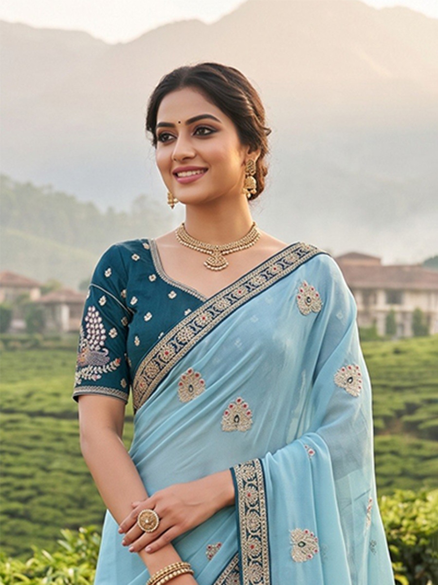 Sky Blue Crush Rangoli Embroidery Sequins Wedding Reception Party Festival Casual Heavy Border Sarees