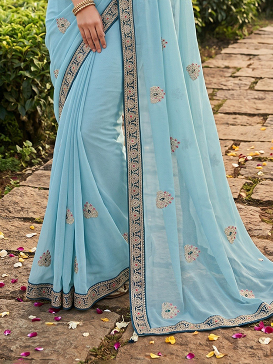 Sky Blue Crush Rangoli Embroidery Sequins Wedding Reception Party Festival Casual Heavy Border Sarees