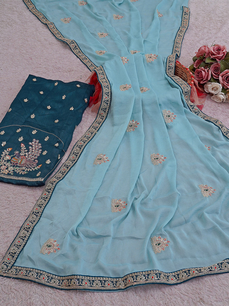 Sky Blue Crush Rangoli Embroidery Sequins Wedding Reception Party Festival Casual Heavy Border Sarees
