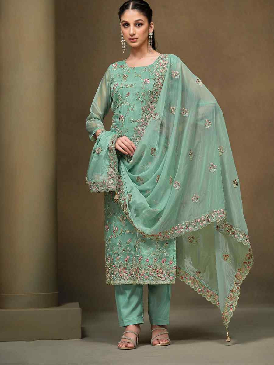 Sky Blue Crystal Organza Embroidered Casual Festival Pant Salwar Kameez