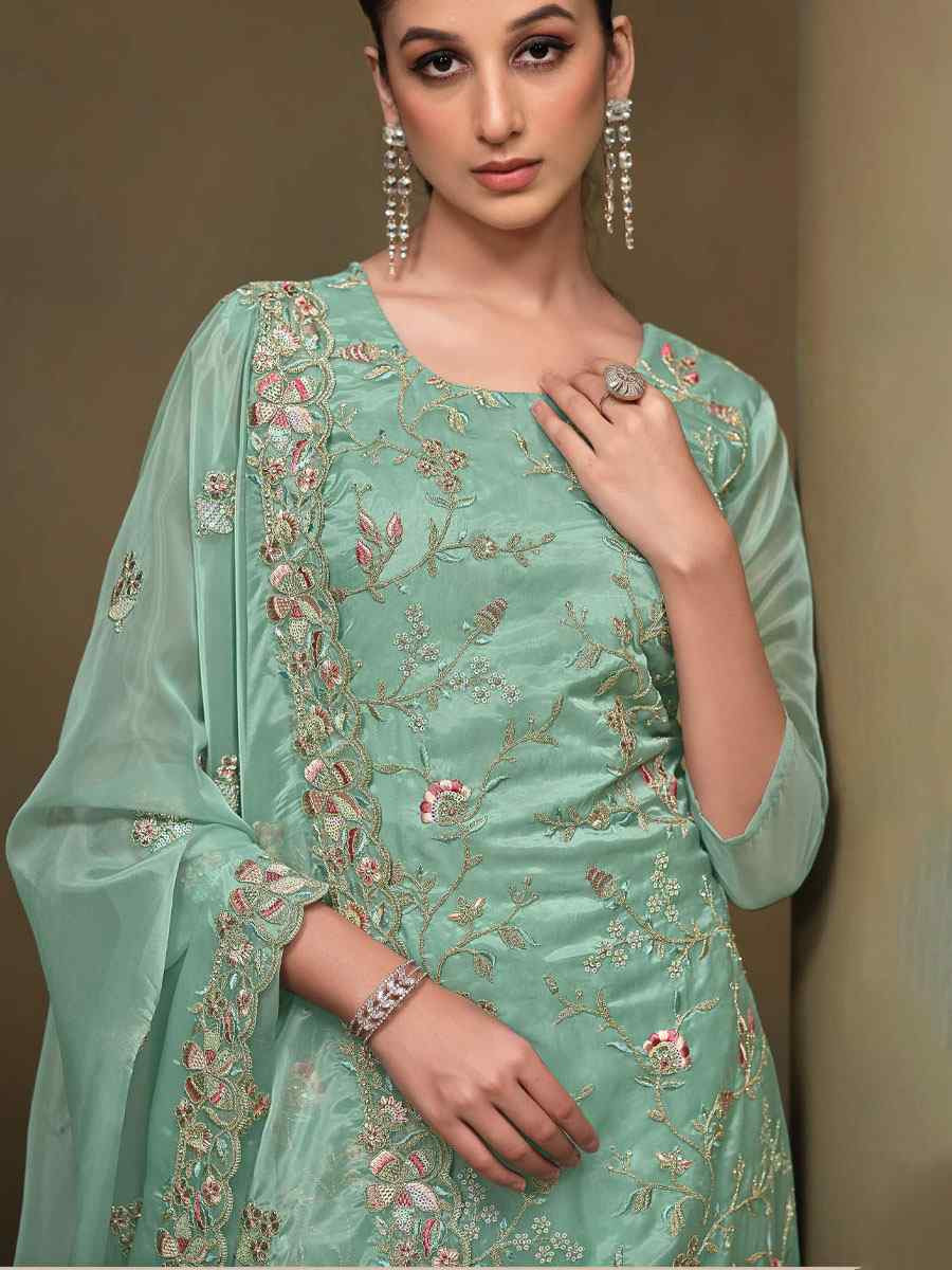 Sky Blue Crystal Organza Embroidered Casual Festival Pant Salwar Kameez