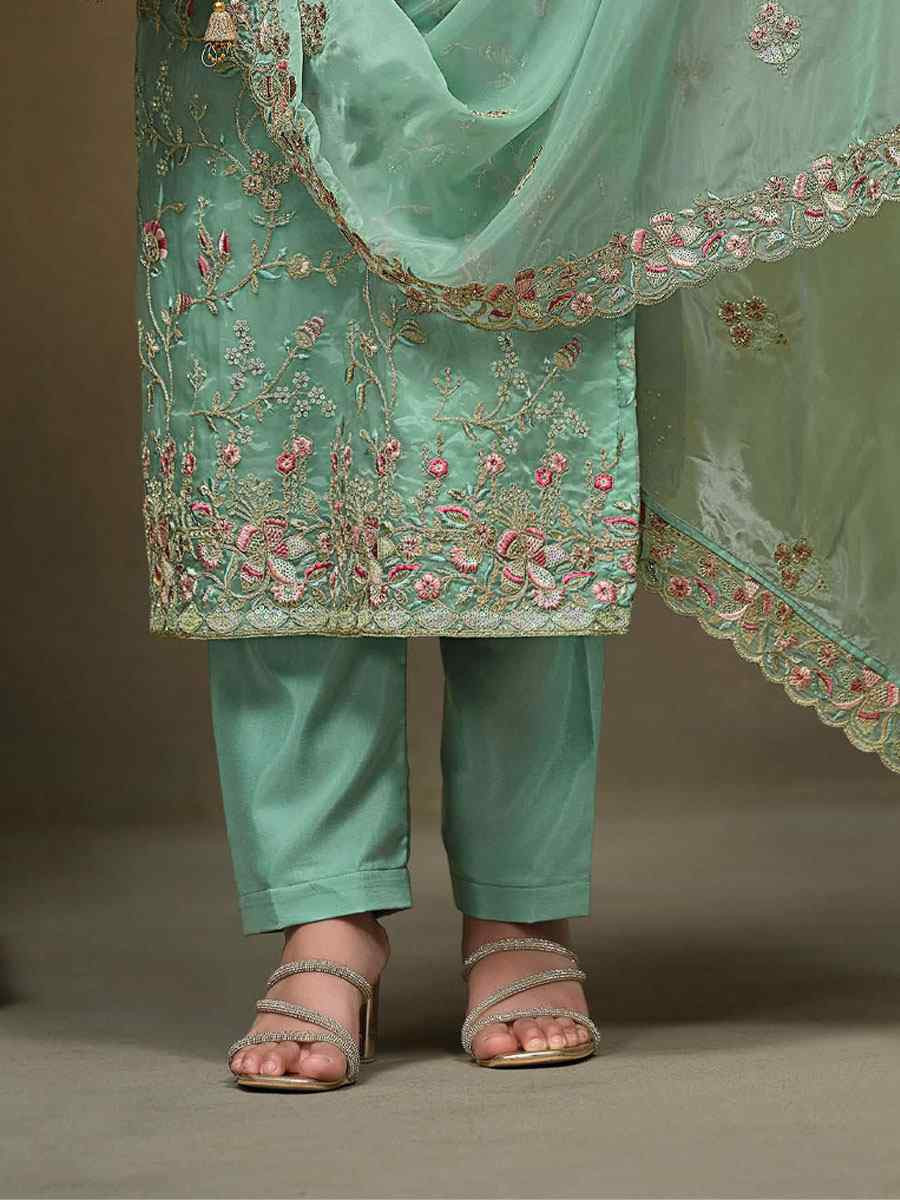 Sky Blue Crystal Organza Embroidered Casual Festival Pant Salwar Kameez