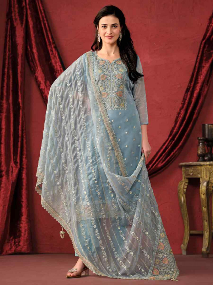 Sky Blue Crystal Organza Embroidered Casual Festival Pant Salwar Kameez