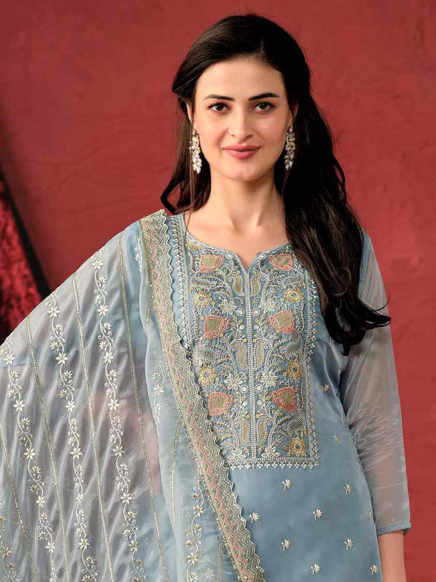 Sky Blue Crystal Organza Embroidered Casual Festival Pant Salwar Kameez
