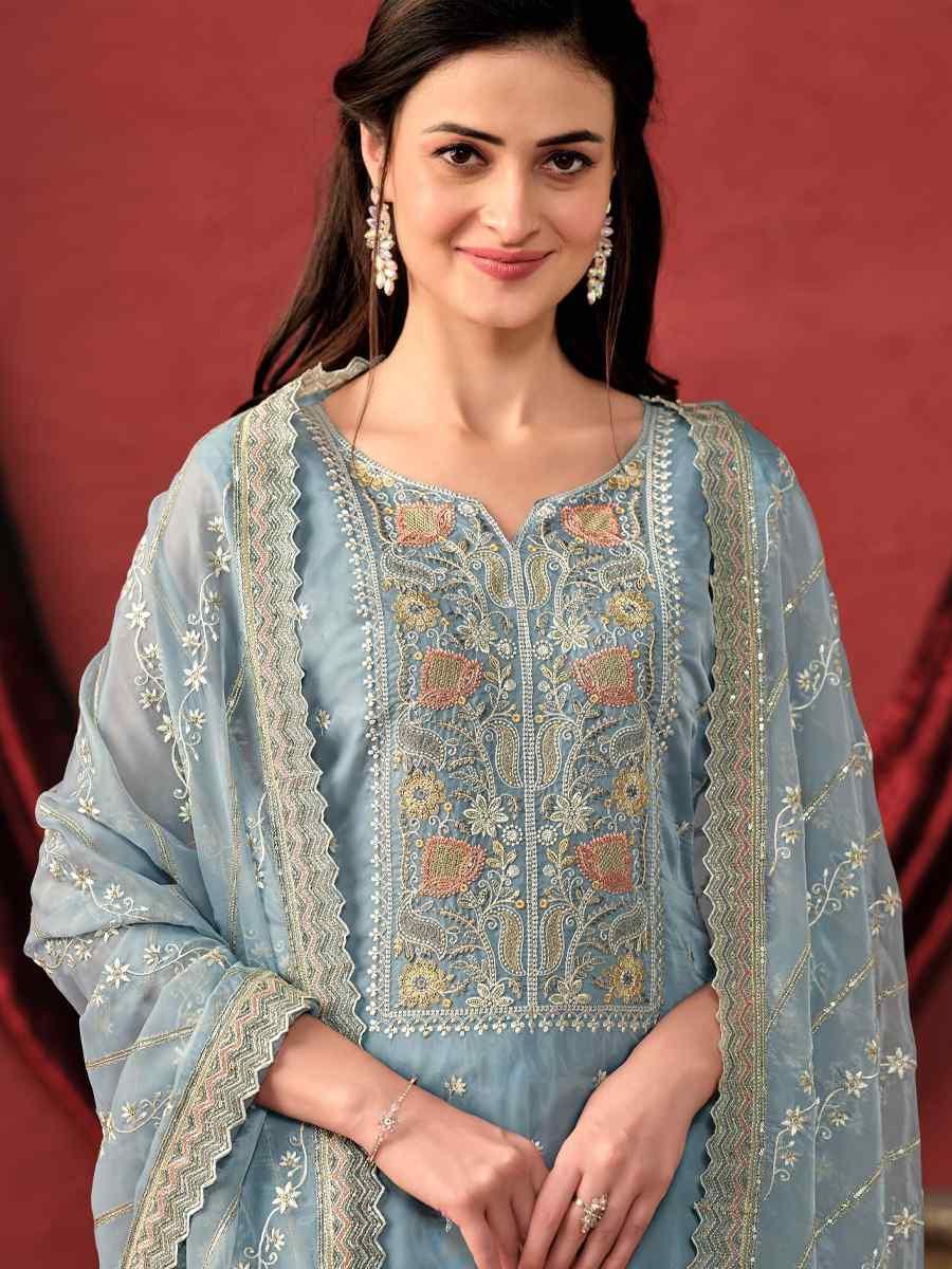 Sky Blue Crystal Organza Embroidered Casual Festival Pant Salwar Kameez