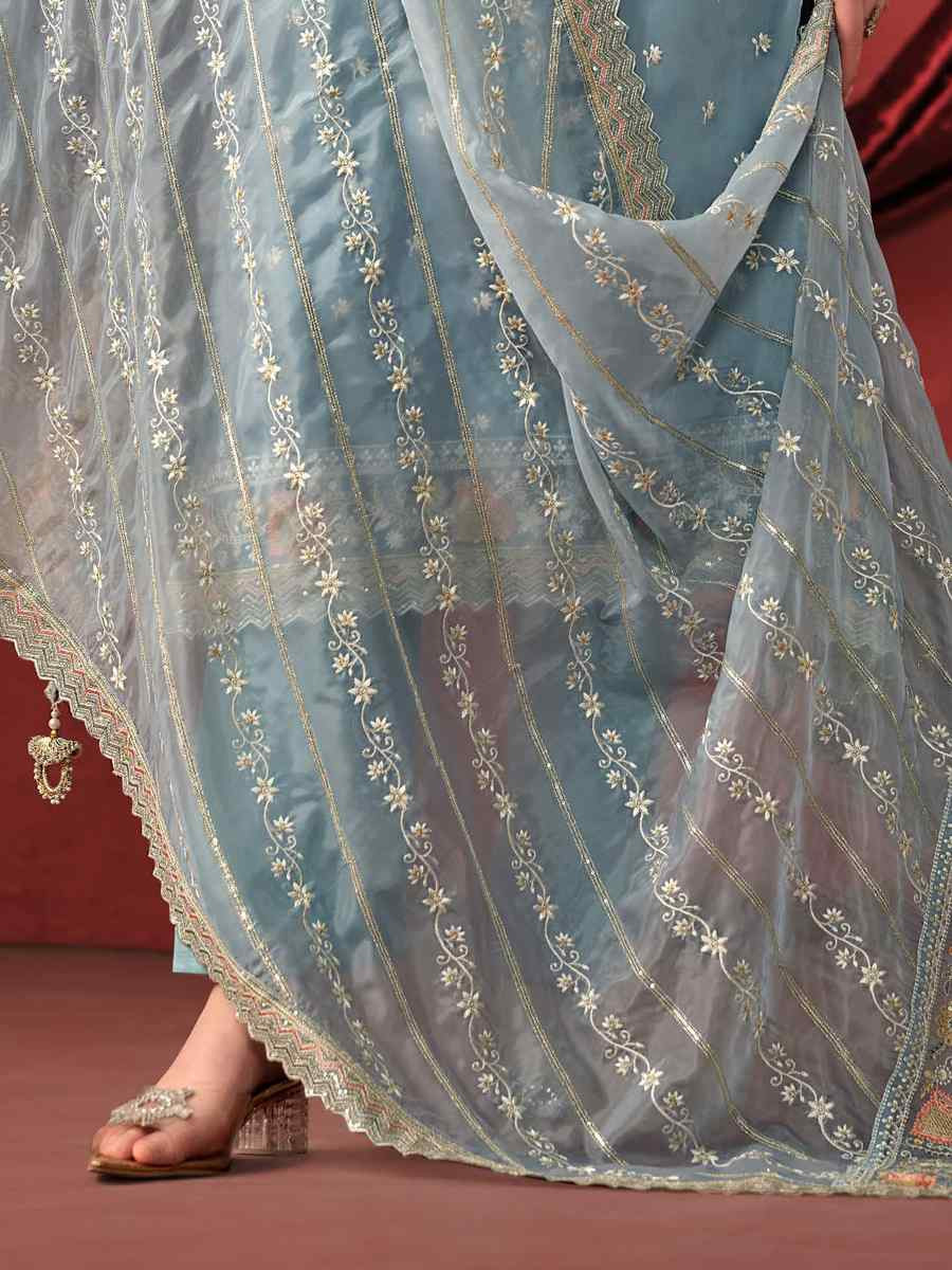 Sky Blue Crystal Organza Embroidered Casual Festival Pant Salwar Kameez