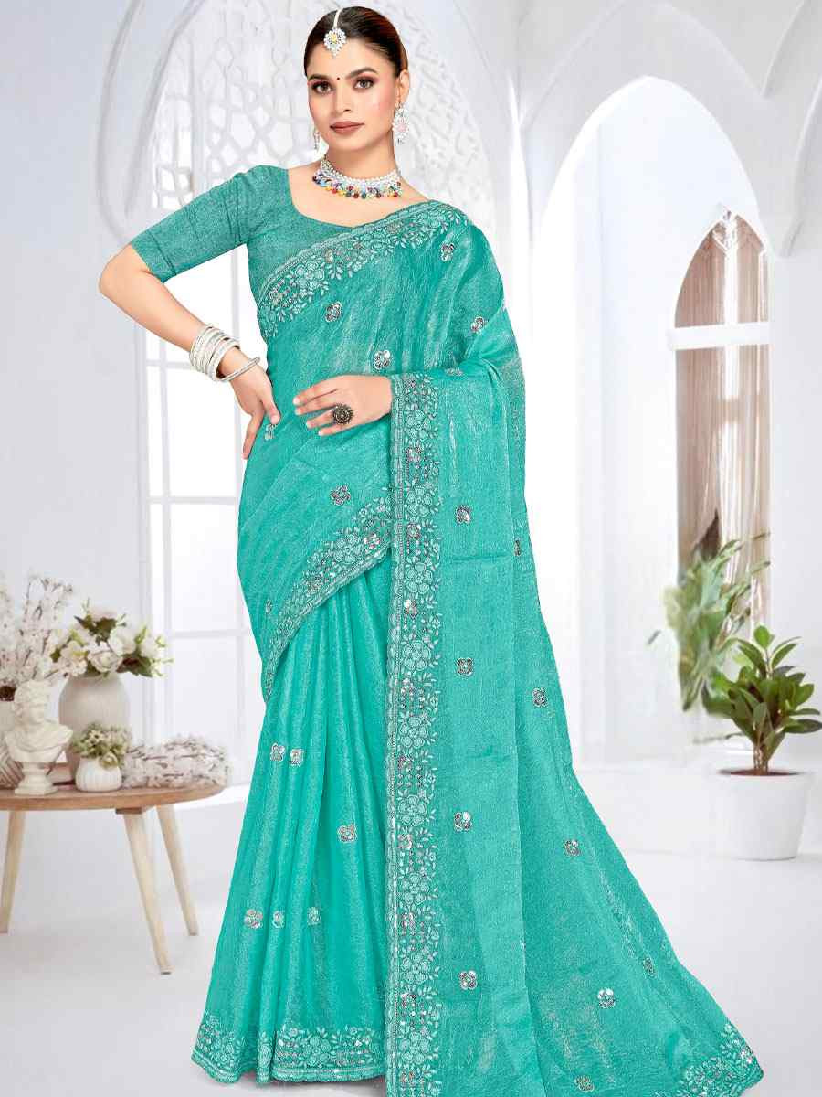 Sky Blue Cursh Silk Embroidery Bridal Reception Festival Wedding Fancy Heavy Border Saree