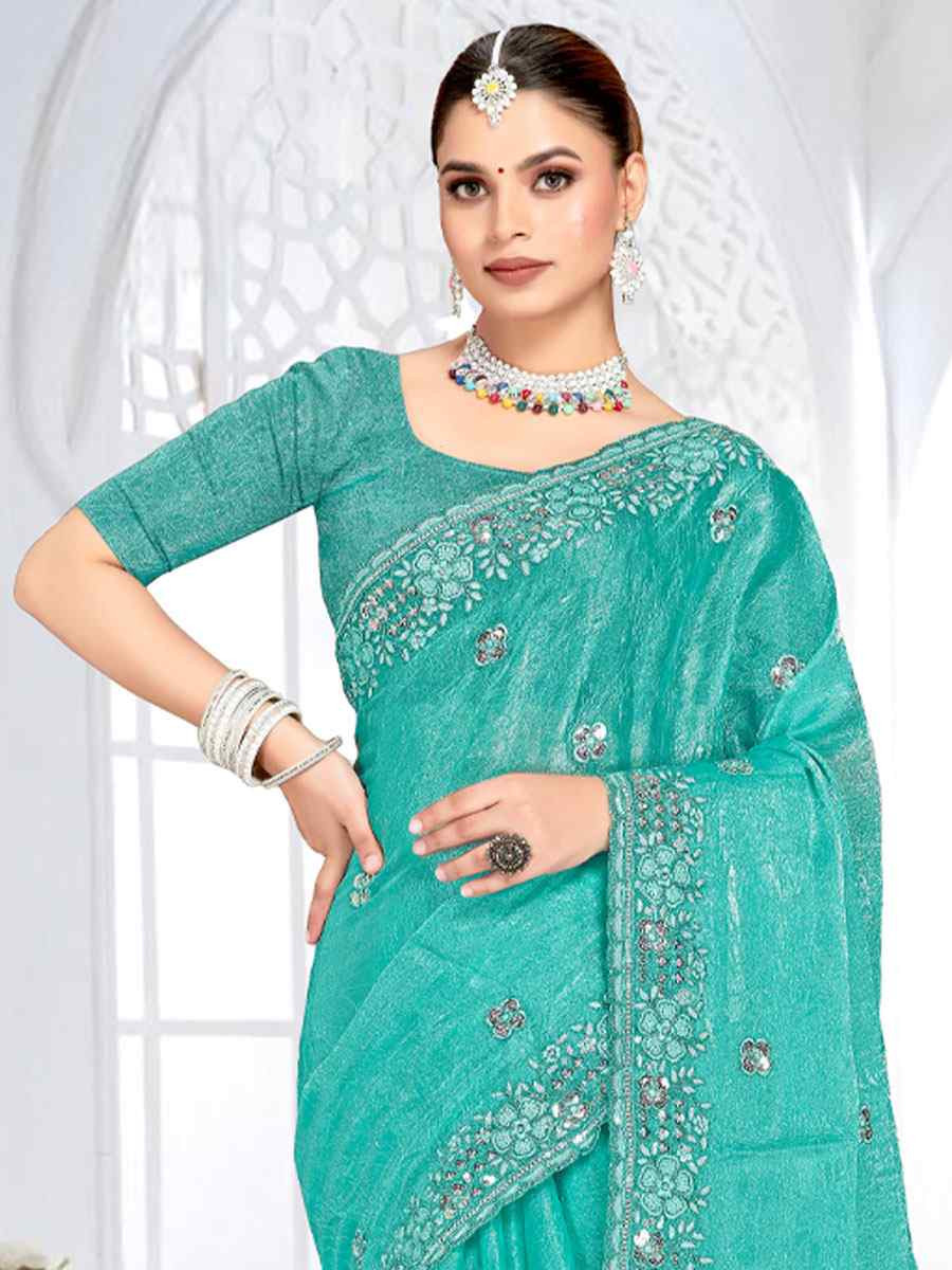 Sky Blue Cursh Silk Embroidery Bridal Reception Festival Wedding Fancy Heavy Border Saree