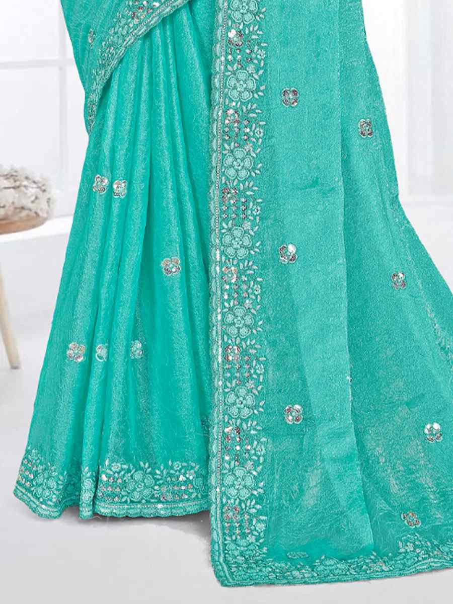 Sky Blue Cursh Silk Embroidery Bridal Reception Festival Wedding Fancy Heavy Border Saree