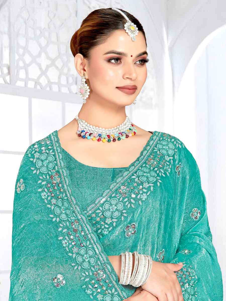 Sky Blue Cursh Silk Embroidery Bridal Reception Festival Wedding Fancy Heavy Border Saree
