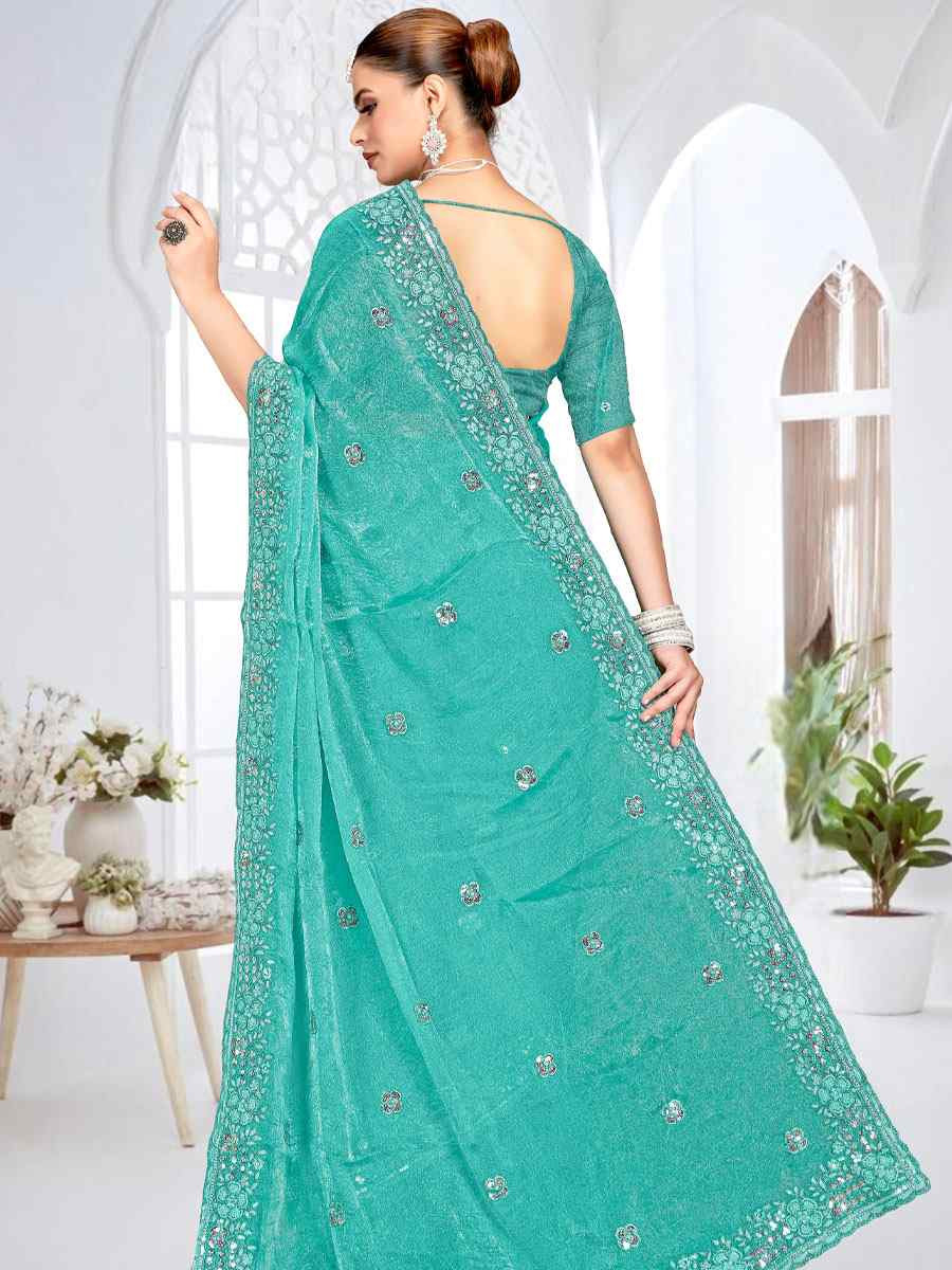 Sky Blue Cursh Silk Embroidery Bridal Reception Festival Wedding Fancy Heavy Border Saree