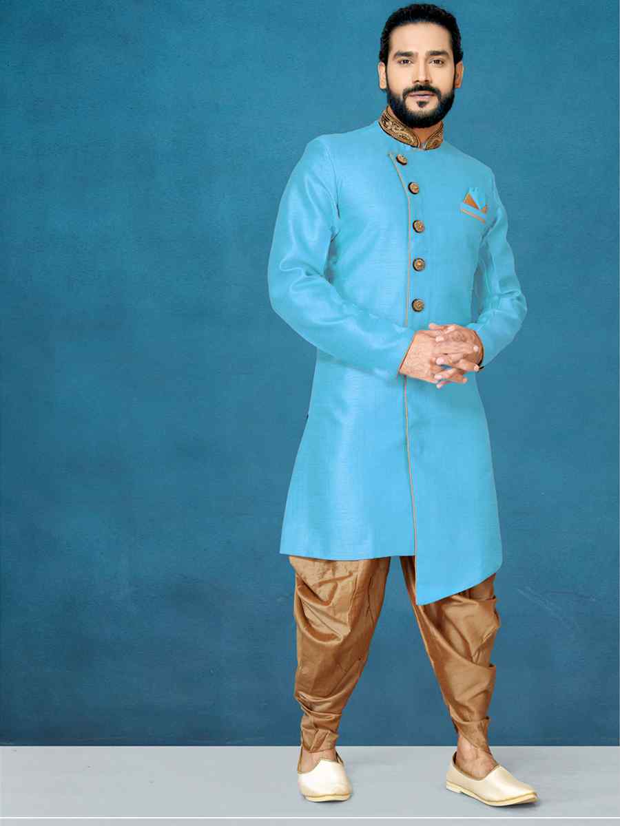 Sky Blue Dhupion Art Silk Woven Festival Wedding Sherwani