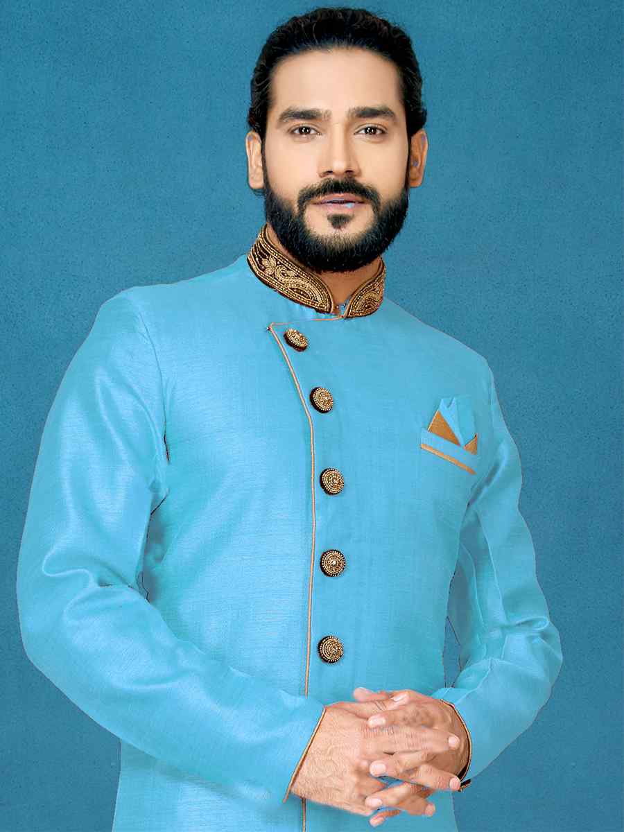 Sky Blue Dhupion Art Silk Woven Festival Wedding Sherwani