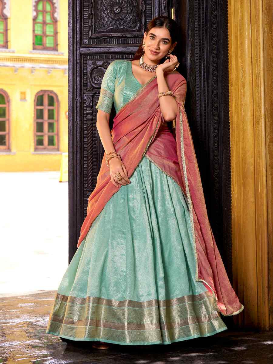Sky Blue Dhupion Silk Zari Wedding Reception Festival Heavy Border Lehenga Choli