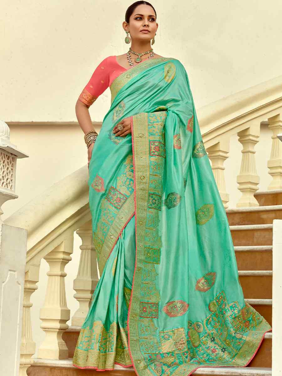 Sky Blue Dola Silk Handwoven With Handwork Festival Wedding Fancy Heavy Border Saree