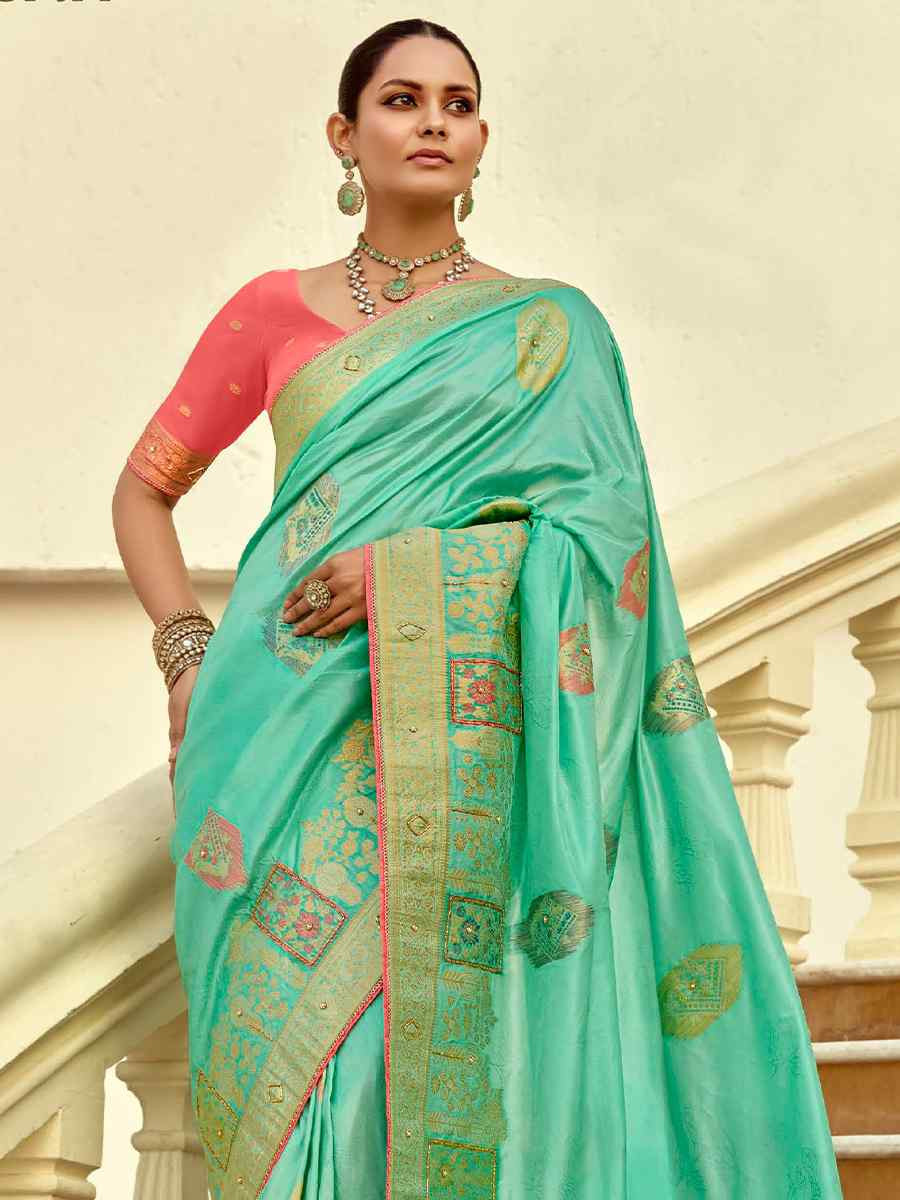 Sky Blue Dola Silk Handwoven With Handwork Festival Wedding Fancy Heavy Border Saree