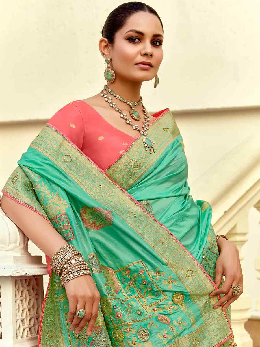 Sky Blue Dola Silk Handwoven With Handwork Festival Wedding Fancy Heavy Border Saree