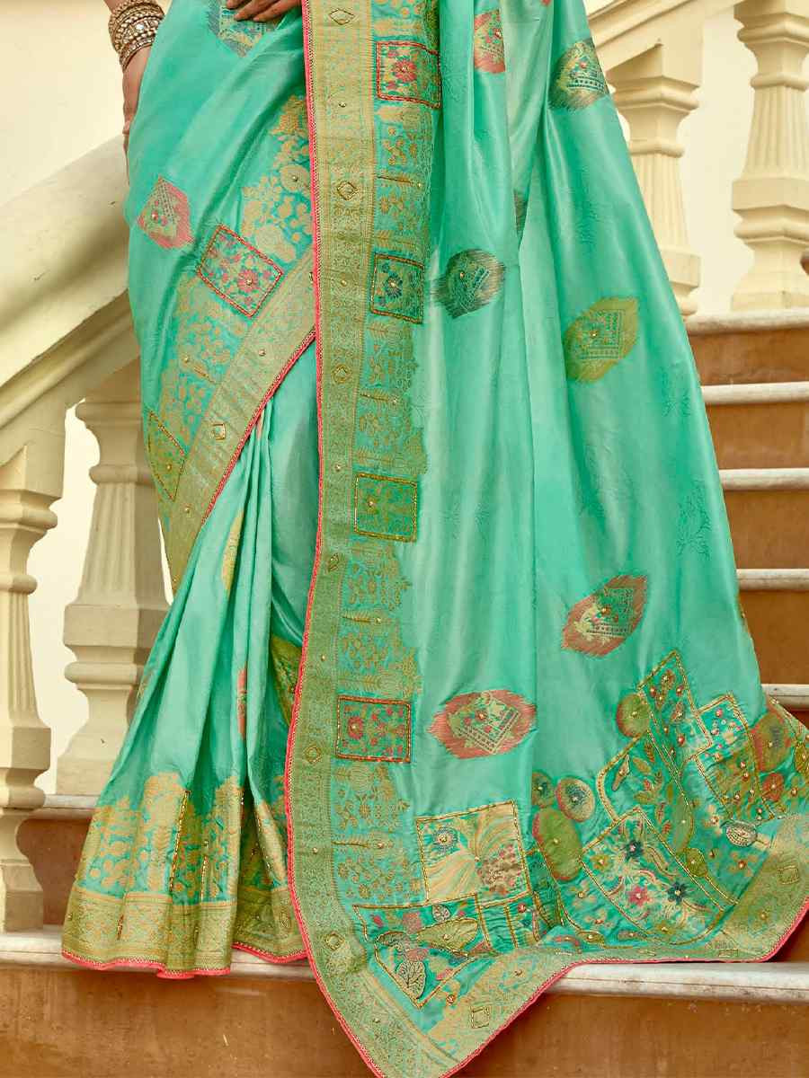 Sky Blue Dola Silk Handwoven With Handwork Festival Wedding Fancy Heavy Border Saree