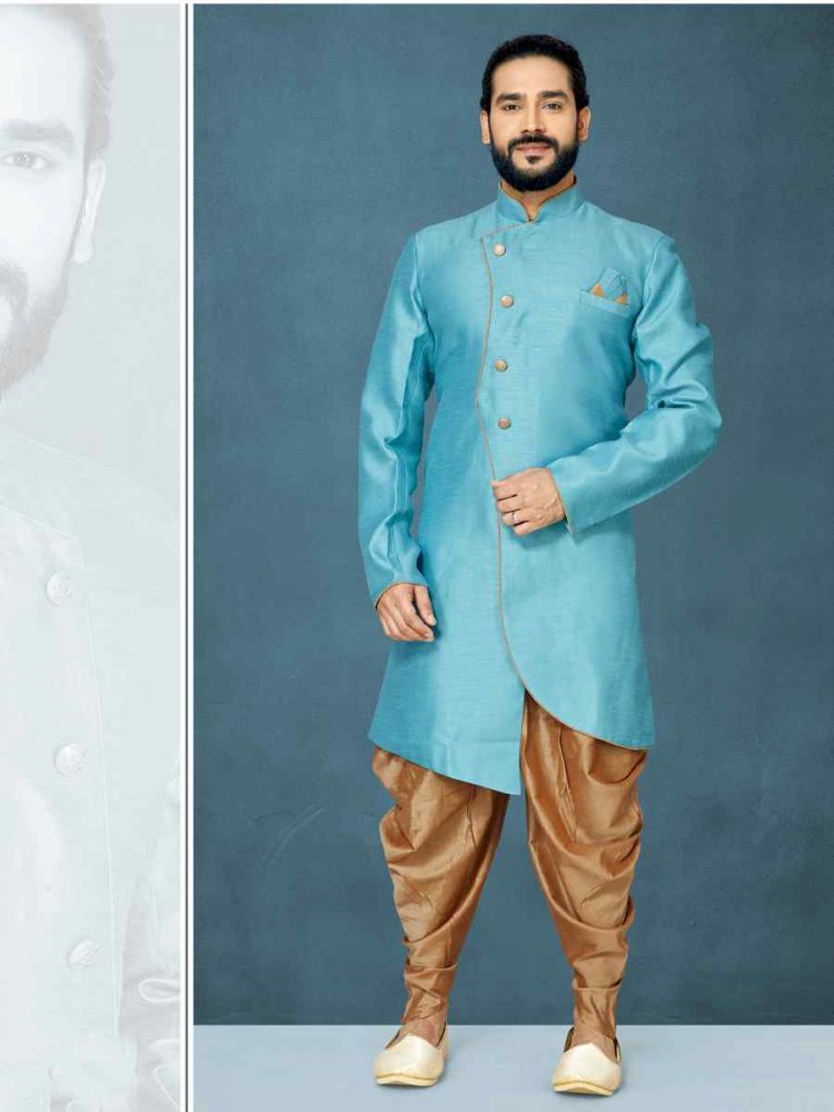 Sky Blue Dupion Art Silk Cutwork Wedding Party Sherwani