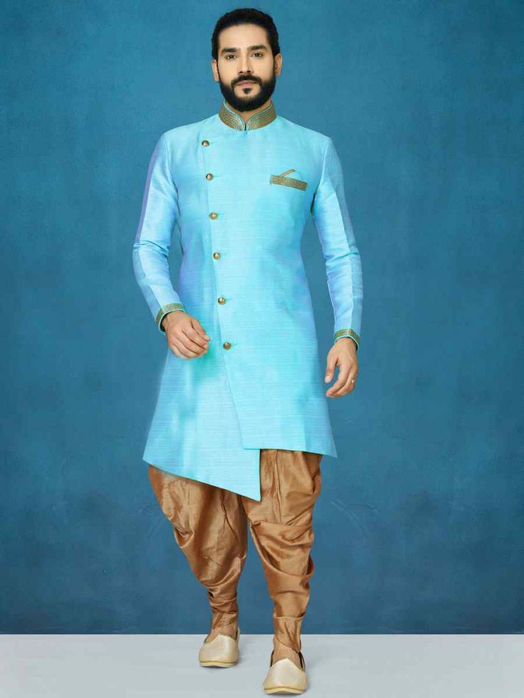 Sky Blue Dupion Art Silk Cutwork Wedding Party Sherwani