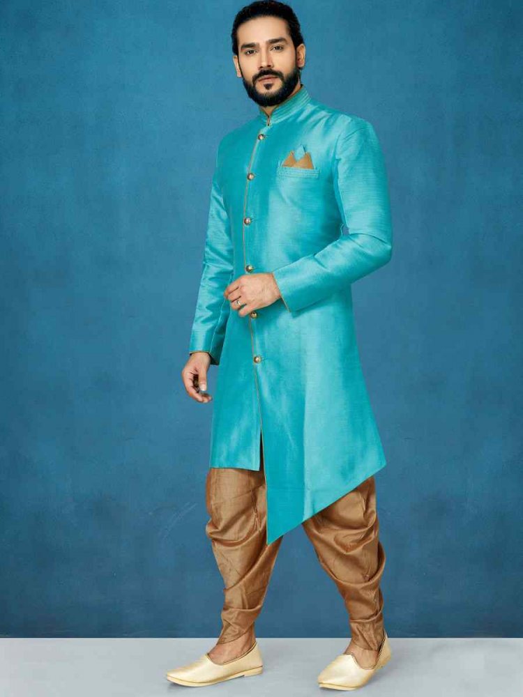 Sky Blue Dupion Art Silk Cutwork Wedding Party Sherwani