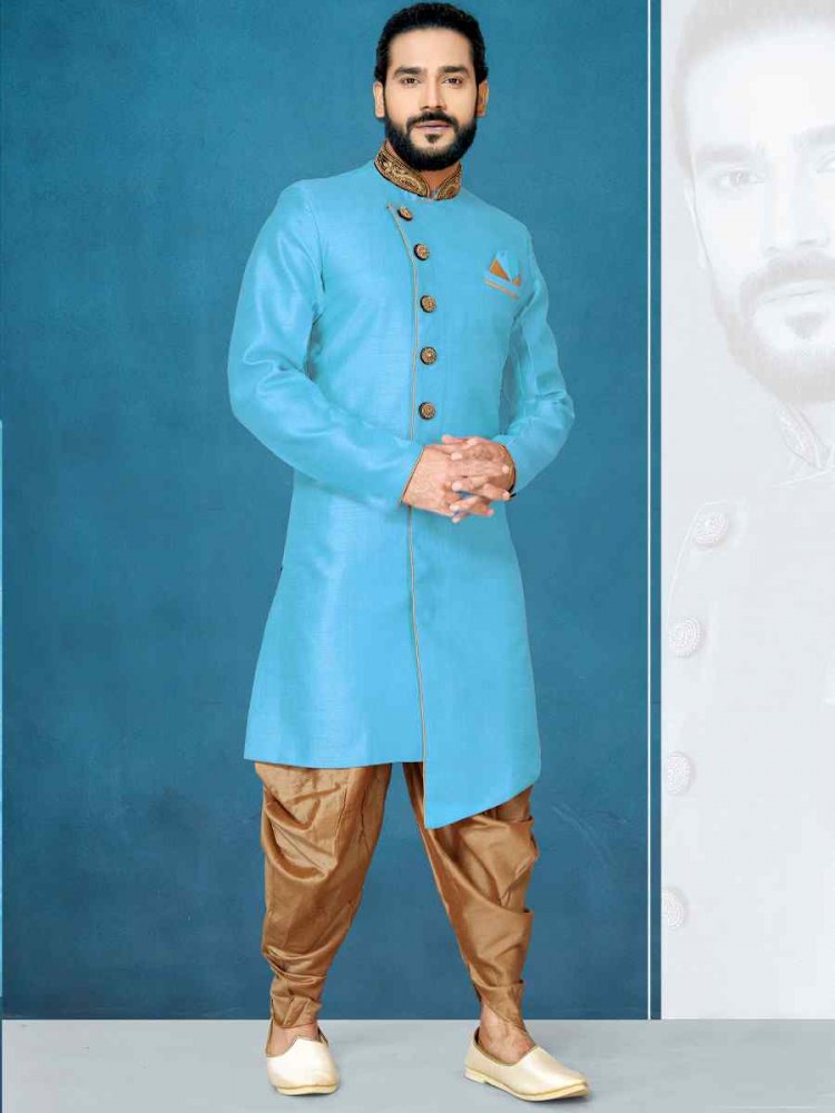 Sky Blue Dupion Art Silk Cutwork Wedding Party Sherwani