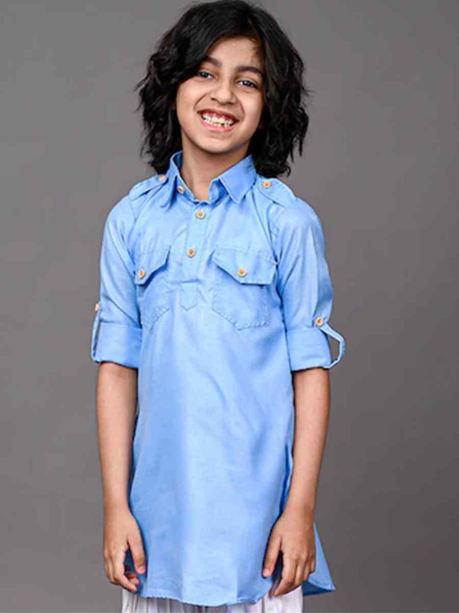 Sky Blue Dupion Silk Brocade Festival Traditional Kurta Dhoti Boys Wear