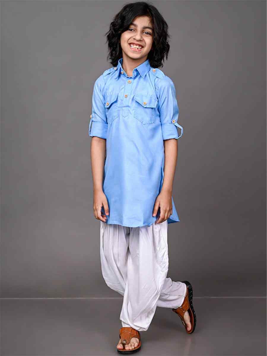 Sky Blue Dupion Silk Brocade Festival Traditional Kurta Dhoti Boys Wear