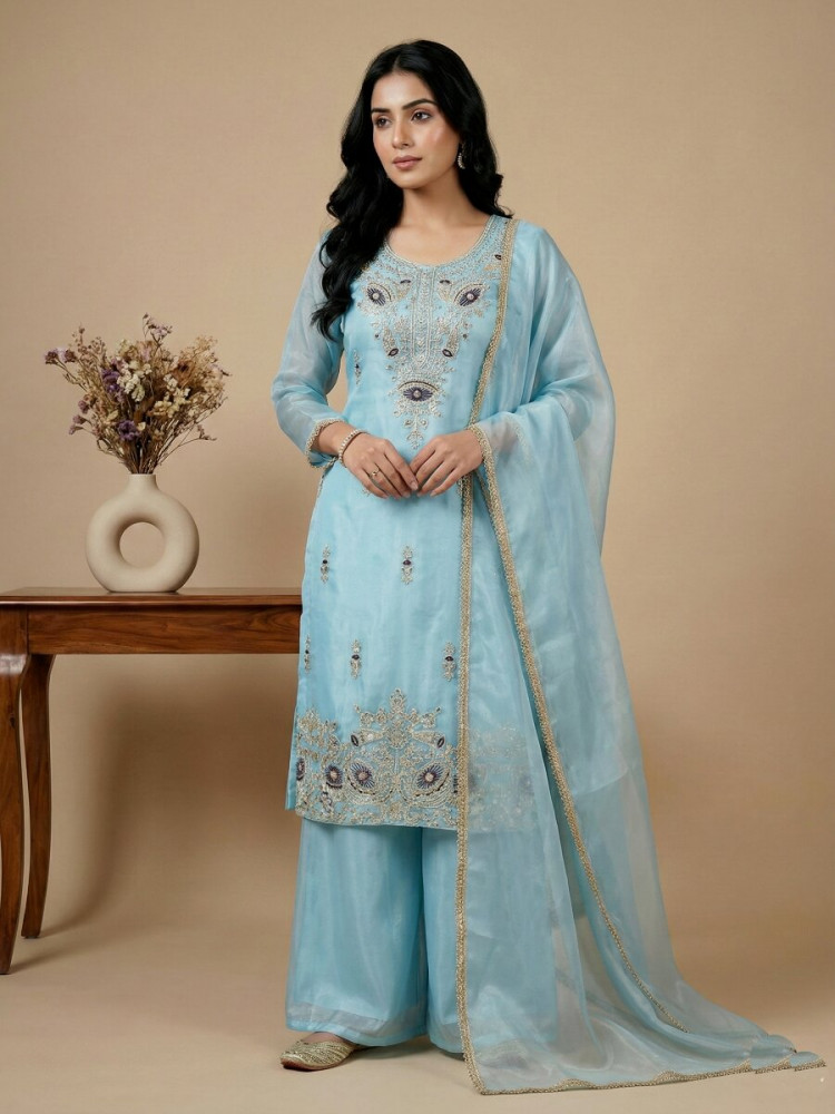 Image of Sky Blue Embroidery Sequins Zari Party Wedding Engagement Festival Ready Palazzo Pant Salwar Kameez